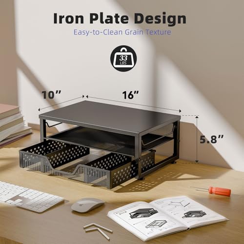 Simple Trending 2-Tier Monitor Stand Riser, Laptop & Printer Stand, Black | Metal Desk Organizer with Drawer, Desktop Organizer, Ergonomic Design, for Home Office, 16.34"W x 10.35"D x 3.5"H - size: 16.34"W x 10.35"D x 3.5"H