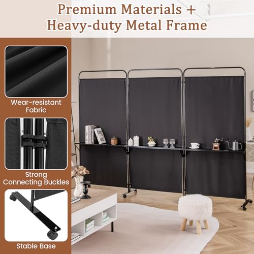 GOFLAME 3 Panel Room Divider with Storage Shelves, 6FT Folding Privacy Screen with Lockable Wheels, Portable Rolling Wall Divider, Freestanding Partition Screen for Room Separation, Black - color: Black