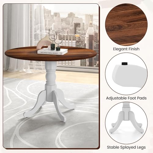 COSTWAY Round Dining Table for 4, 39 inch Kitchen Table with Solid Rubber Wood Frame, Adjustable Foot Pads, Curved Trestle Legs, Mid Century Rustic Dinning Table for Living Room (Walnut+White) | Adjustable Foot Pads, Curved Trestle Legs, Mid Century Rusti