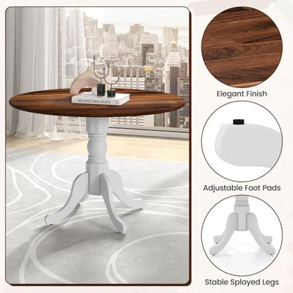 COSTWAY Round Dining Table for 4, 39 inch Kitchen Table with Solid Rubber Wood Frame, Adjustable Foot Pads, Curved Trestle Legs, Mid Century Rustic Dinning Table for Living Room (Walnut+White) | Adjustable Foot Pads, Curved Trestle Legs, Mid Century Rusti