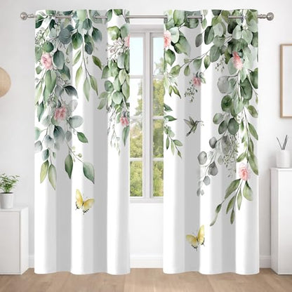 Green Botanical Eucalyptus Blackout Curtains, 2 Panels 42x84 Inch | Green Leaves and Pink Flower Butterfly Bird Design Nature Plant Botanical Room Darkening Curtains for Bedroom - color: Pink, size: 42"W x 84"L (Pack of 2)