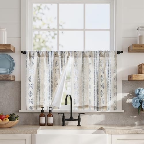 jinchan Boho Linen Kitchen Curtains 24 Inch Bohemian Geometric Striped Small Window Curtains Light Filtering Farmhouse Country Rustic for Bathroom Living Room RV 2 Panels Blue - color: Privacy | Blue on Beige, size: 25"W x 24"L (Pack of 2)
