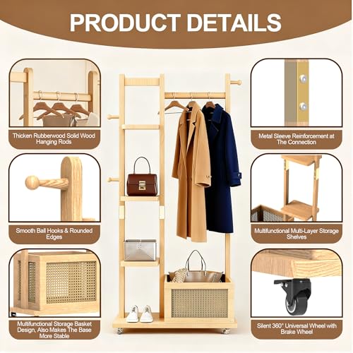 Solid Wood Clothes Rack with Wheels, Rolling Clothing Rack with 4 Shelves & 4 Hooks, Oak Coat Rack Freestanding Heavy Duty with Storage Basket, Coat Hanger Stand for Garment Bags Wallets Hats Shoes - color: Natural Wood