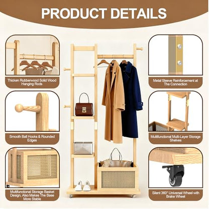 Solid Wood Clothes Rack with Wheels, Rolling Clothing Rack with 4 Shelves & 4 Hooks, Oak Coat Rack Freestanding Heavy Duty with Storage Basket, Coat Hanger Stand for Garment Bags Wallets Hats Shoes - color: Natural Wood
