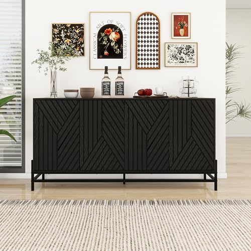 Sideboard Buffet Cabinet with Storage, Modern Credenzas for Living Room, Carved 4 Door, Coffee Bar Accent Cabinet with Adjustable Shelf for Living Room, Kitchen (Blcak) - color: Black-2