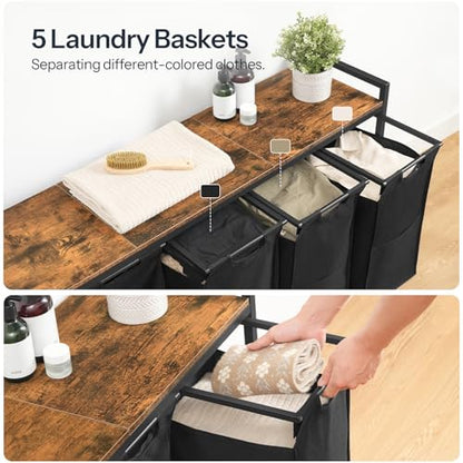 HOOBRO Laundry Sorter 5 Sections, Laundry Hamper with Wheels, 5 × 10.5 Gallon (40 L), Rolling Laundry Basket, Pull-Out and Removable Oxford Fabric Bags, Rustic Brown and Black BF07XY01