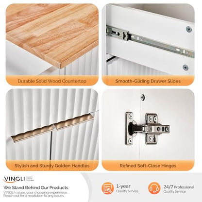 VINGLI Fluted Large Kitchen Island Cart with 2 Draws & 4 Doors, White | Drop-leaf Toptable, Adjuestable Shelves, Towel Bar, 3-tier Side Storage Rack, 360° Rolling Design - size: 32.7"