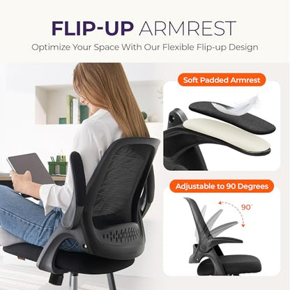 NEO CHAIR Office Desk Chair, Ergonomic Mesh with Flip-Up Arms, All Black | Lumbar Support, Height Adjustment, 360° Swivel and Rolling Base, Space-Saving Design for Home Office, Vanity or Study - color: All Black