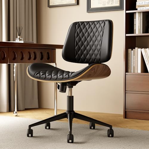 Armless Desk Chair with Wheels, PU Leather Rolling Office Chair, Adjustable Height Mid Back Computer Chair, Ergonomic Walnut Curved Seat, 360° Swivel Home Office Chair for Small Spaces(Half-Black) - color: Half-black