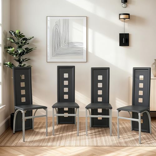 Karl home Dining Chairs Set of 4, PU Leather & Hollow High Back, Black | Black kitchen chairs with padded seats & foot cap protection for dining kitchen living room,300lbs capacity,space-saving - color: Black, size: Set of 4(1)