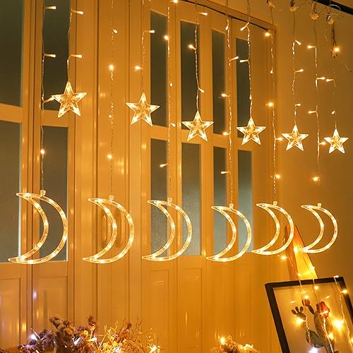 138 Led Curtain String Light Star Moon Icicle Light with 8 Lighting Modes Timer USB Operated Dimmable Fairy String for Window Wall Home Decoration Warm White - size: Moon and Star
