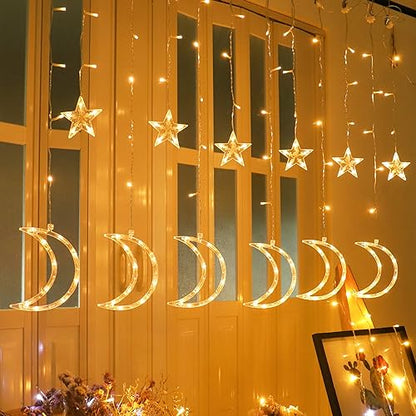138 Led Curtain String Light Star Moon Icicle Light with 8 Lighting Modes Timer USB Operated Dimmable Fairy String for Window Wall Home Decoration Warm White - size: Moon and Star