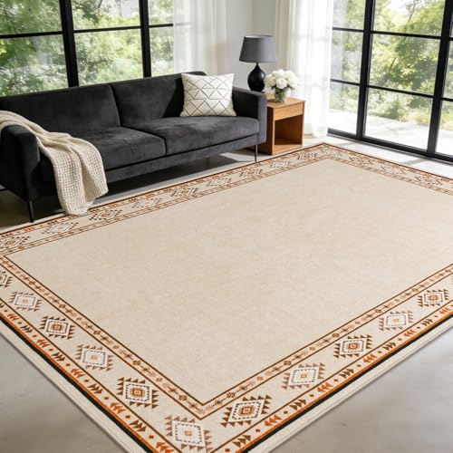 Large Geometric Area Rugs for Living Room Bedroom 6x9 Beige Rug | Ultra Soft Washable Non Slip Stain Resistant Modern Low Pile Indoor Bordered Carpet for Nursery Home Decor Solid Aesthetic - color: Beige, size: 6x9 Feet