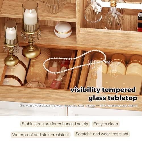Arulvmrn 43" Makeup Vanity Desk with Mirror and Lights, & Power Outl, Glass Top Big Vanity Table with 9 Drawers& 8 Storage Shelves, Dressing Table Set with Chair for Bedroom, Oak - color: Oak