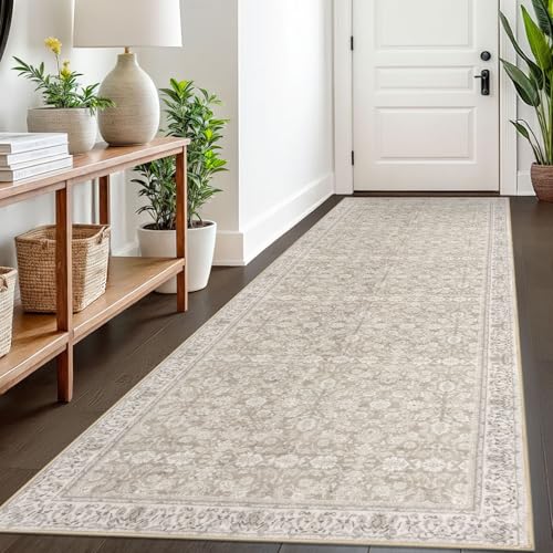 SIILOOM 3x8 Washable Runner Rug, Non Slip Soft Area Rug for Hallway Kitchen | Cream/Beige/Yellow/White/Grey Boho Vintage Floral Spill & Stain Resistant Low Pile Carpet for Entryway Bedroom, Easy Clean - color: Cream/Beige/Yellow/White/Grey, size: 3' x 8'