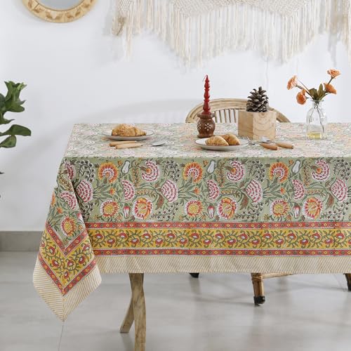 Labhanshi Block Print Floral Tablecloth, Burnt Orange, 72x108 - color: Burnt Orange, size: 108" x 72" (Rectangular)