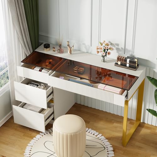 Tribesigns Vanity Desk with Glass Top, 4 Drawers Makeup Vanity Table | Modern Makeup Dresser Desk, White Gold Vanities with Visual Drawer for Bedroom