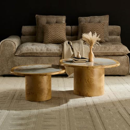Nesting Coffee Table Set of 2 with Sintered Tabletop, Natural | 29.13" & 23.38" Modern Irregular Kitchen Table, Burl Wood Veneer, Sturdy MDF Pedestal Base for living Room, Easy Assembly - color: 29.13" & 23.38", Natural