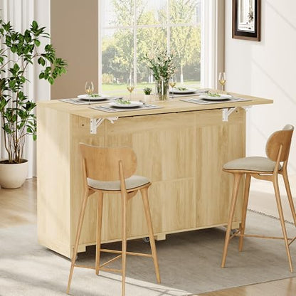 Garvee Rolling Kitchen Island Table on Wheels with Drop Leaf, Tilt Out Trash Can Cabinet, Storage Cabinet, Drawer, Spice Rack, Kitchen Cart, 53.1" Wide, Natural - color: Natural