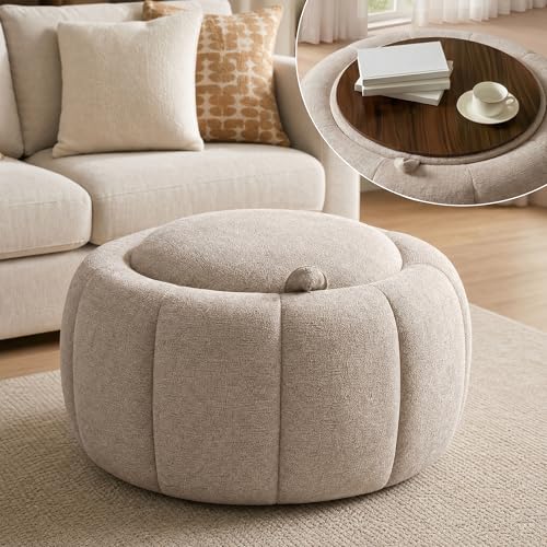 Tbfit Round Storage Ottoman - No Assembly Required, Storage & Sturdy Structure Multi-Functional Seat/Footrest for Living Room, Bedroom & Kids Room Soft Fabric for Family Home Use - color: Khaki-chenille