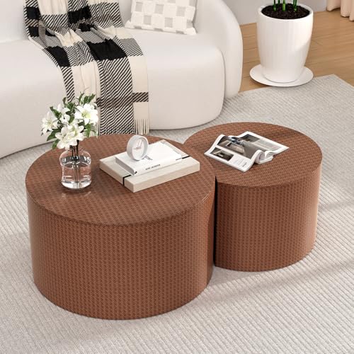 Nesting Coffee Table Set of 2, Round, Brown | Hidden Storage, Leather Wrapped, Stackable End Tables, No Assembly Required, For Small Space Living Room Apartment - color: Brown
