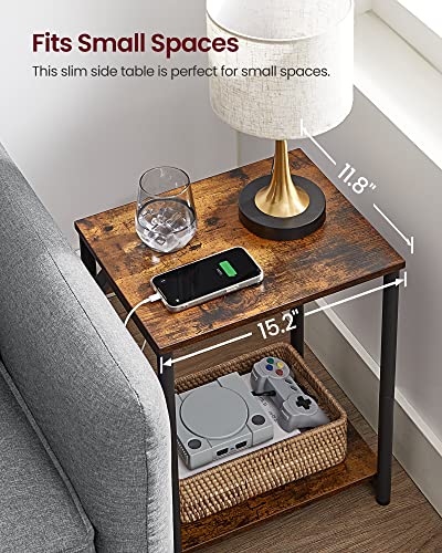VASAGLE End Table with Charging Station, Small Side Table for Living Room, Bedroom, Nightstand with Outlets and USB Ports, Bedside Table with Storage Shelf, Rustic Brown and Black | End Table for Living Room, Bedroom, Nightstand with Storage Shelf, Rustic