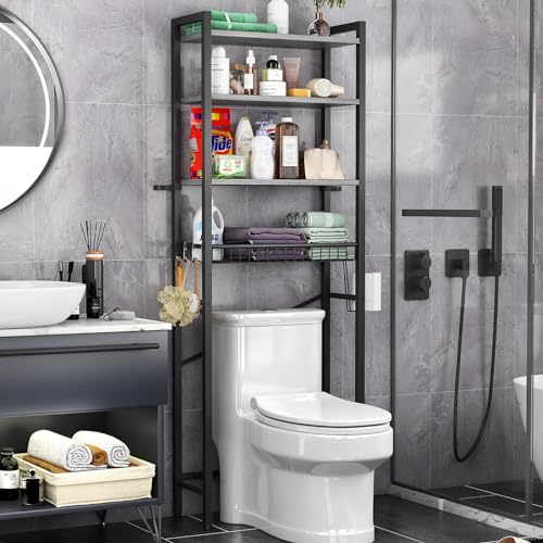 Kalrin Over-The-Toilet Storage Rack, 4-Tier Bathroom Organizer Shelf Over Toilet with Adjustable Shelf and Basket, Freestanding Space Saver Bathroom Shelves Above Toilet for Room (Pure Gray) - color: Pure Gray