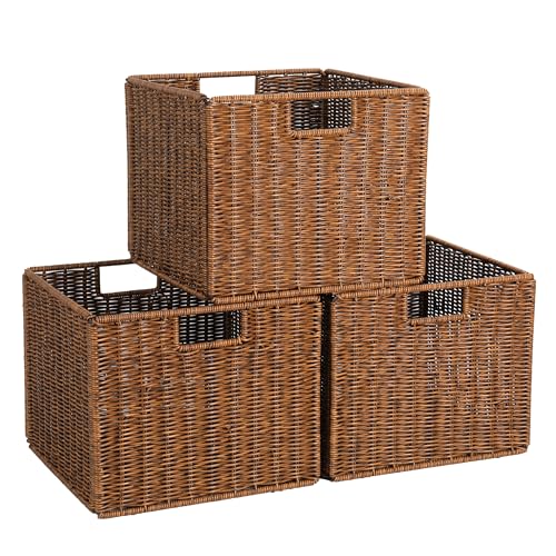Wicker Storage Basket - Large 12x12x10in Cube, Woven Wicker for Shelves, Pantry, Kitchen & Bathroom Organization (Brown) - color: Brown