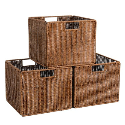 Wicker Storage Basket - Large 12x12x10in Cube, Woven Wicker for Shelves, Pantry, Kitchen & Bathroom Organization (Brown) - color: Brown