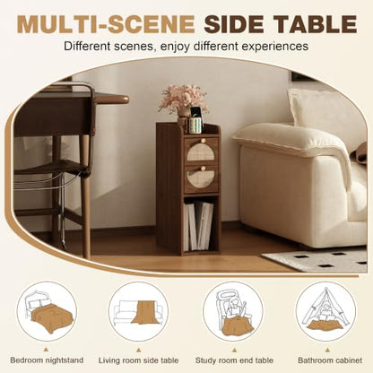 Narrow Nightstand (Rattan & Wood) - Small Bedside Table with 2 Drawers, Open Shelf, Mid Century Modern End Table - for Bedroom, Living Room & Small Spaces, Walnut - color: Walnut, size: 7.9"W (1 Pc)