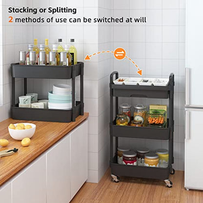 Calmootey 3-Tier Rolling Utility Cart with Drawer,Multifunctional Storage Organizer with Plastic Shelf & Metal Wheels,Storage Cart for Kitchen,Bathroom,Living Room,Office,Black | Space-Saving Organizer, Sturdy Plastic Shelves, Smooth-Rolling Metal Wheels,