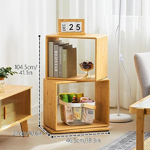 2-Tier Modern Rotating Bamboo Bookcase, DIY Free-Standing Bookshelf Large Capacity Creative Open Book Cabinet, 2 in 1 Nightstand Storage Organizer Lattice Shelf for Home, Office, Living Room, 2-Cube - size: 2-Tier