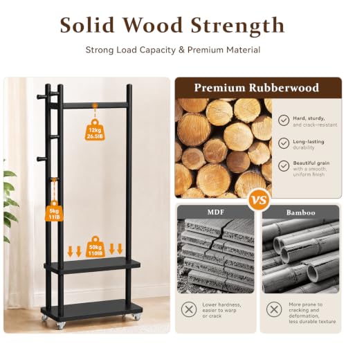 Coat Rack Solid Wood Stand Storage 2 Shelves 4 Hooks Black | Entryway hallway bedroom office, durable wood construction, freestanding design, coats hats bags storage - size: Black -S:18.9''D x 13''W x 71''H (With Wheels）