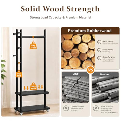 Coat Rack Solid Wood Stand Storage 2 Shelves 4 Hooks Black | Entryway hallway bedroom office, durable wood construction, freestanding design, coats hats bags storage - size: Black -S:18.9''D x 13''W x 71''H (With Wheels）