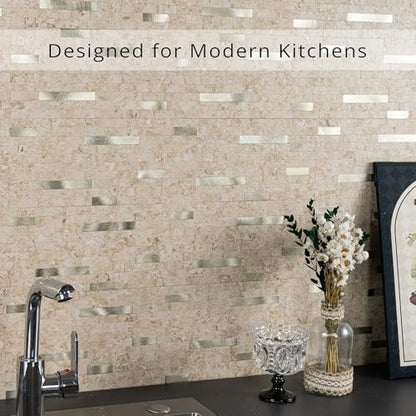 StyloVue 20 Sheets Peel and Stick Backsplash for Kitchen, 2026 Upgraded Classic Travertine Beige with Gold Metal Accents, Stick on Tile for Kitchen Backsplash, RV, Fireplace - color: Travertine Beige