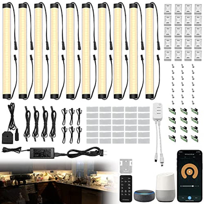 Under Cabinet Lights Kit, LED Smart Dimmable Strip Lighting Fixtures | 24V Plug in Linkable Bar LED Counter Lights for Pantry, Kitchen, Shelf, Bookcases, Showcase (10 PCS, Warm White) - color: Warm White