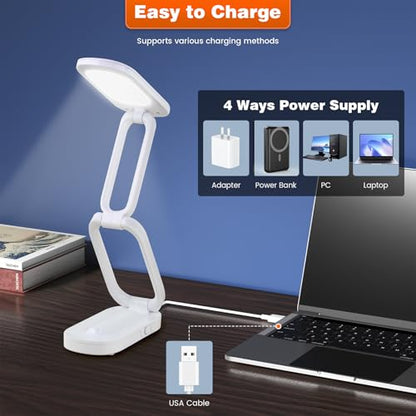 Foldable LED Desk Lamp, Rechargeable Battery Operated Portable Light with 3 Brightness Levels, 180° Adjustable Eye-Caring Mini Lamp for Home Office, Reading & Travel (White)