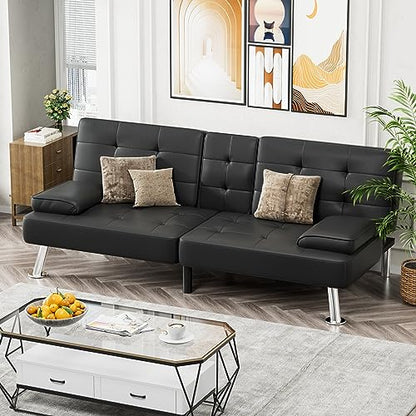 JUMMICO Faux Leather Futon Sofa Bed, Sleeper Sofa with Adjustable Backrest | Futon Couch with Removable Armrests & 2 Cup Holders, Loveseat Futon Set for Living Room, Apartment and Office | Black