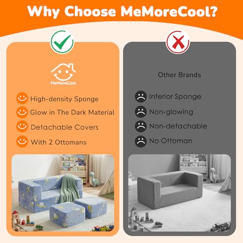 MeMoreCool Glow Modular Kids Couch, Denim Rocket | modular foam seating, removable washable cover, rocket glow design, lightweight pieces, playroom furniture - color: Denim Rocket
