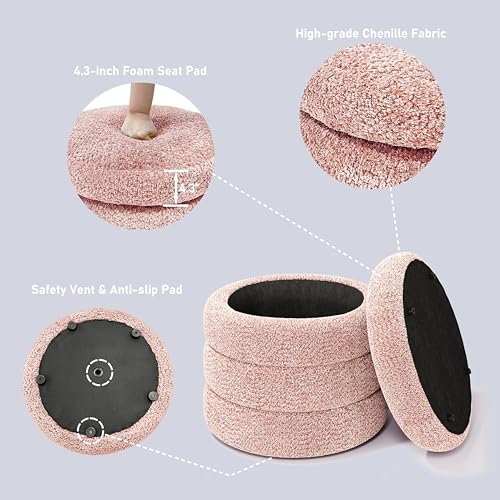 allamazing Storage Ottoman, Round Ottoman with Storage, Vanity Stool Foot Rest with Removable Lid, Round Boucle Upholstered for Living Room Pouf Footstool (Pink) - color: Pink