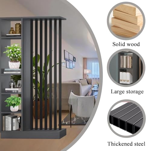 Wall Room Divider with Storage Shelves, Modern Freestanding Room Divider Screen, Open Room Wood Partition for Home & Office Decor (Gray + White, 47" L x 9.5" W x 79.5" H)