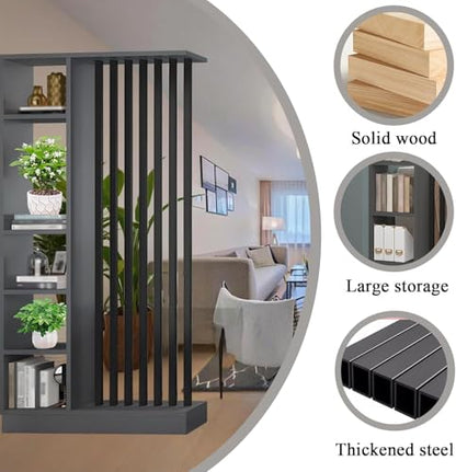 Wall Room Divider with Storage Shelves, Modern Freestanding Room Divider Screen, Open Room Wood Partition for Home & Office Decor (Gray + White, 47" L x 9.5" W x 79.5" H)