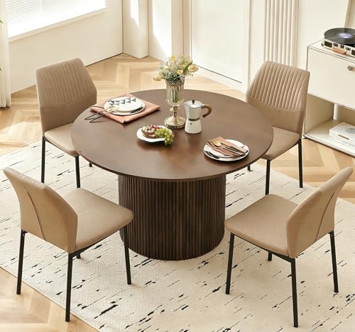 Dining Table Set for 4, 47" Wooden Round Kitchen Table with PU Leather Chairs for Kitchen Room and Small Spaces(Walnut Table + 4 Beige Chairs) - color: Beige, size: 47" Walnut Round Table+4 Chairs