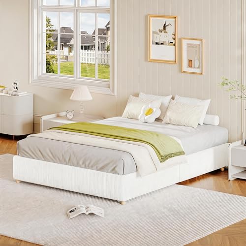 IDEALHOUSE Full Size Cloud Bed Frame, Corduroy Upholstered Platform Bed with Wood Legs, Low Profile No Headboard, No Box Spring Needed, Noise Free Easy Assembly, White - color: White, size: Full