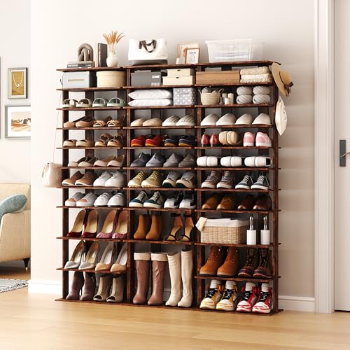 HOMEFORT 10-Tier Vertical Shoe Rack, Corner Shoe Tower, Double Rows 10 Tiers Shoe Shelf, Slim Shoe Storage Unit for 20 Pairs of Shoes, Shoe Stand for Entryway, Hallway, Closet (Rustic Brown) - color: Rustic Brown, size: 11.02"D x 20.47"W x 62.2"H