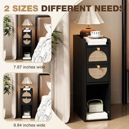Narrow Nightstand Set of 2 (Rattan & Wood) - Small Bedside Table with 2 Drawers, Open Shelf, Mid Century Modern End Table - for Bedroom, Living Room & Small Spaces, Black - color: Black, size: 7.9"W (2 Pc)