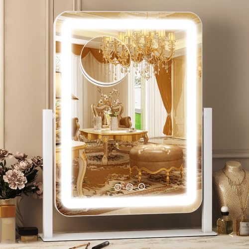 FENNIO Vanity Mirror with Lights, 13" W x 17" H, LED Makeup Mirror, White | Rounded-edge LED desk mirror with 3-color touch dimming, detachable 10X mirror and 360° tilt; plug-in only, for dorm rooms. - color: White, size: 13"L x 17"W