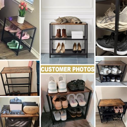 Small Narrow Shoe Rack for Entryway, 3-Tier Metal Wood Shoe Shelf | Shoe Storage Organizer, Holds 6 Pairs, Wooden Table Top, Mesh Shelves, for Front Door Entrance Closet Floor Hallway Bedroom - size: 17"D x 10.24"W x 15.75"H