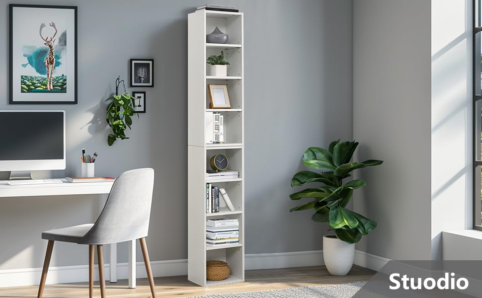 Tall Narrow Bookshelf,8-Tiers Bookcase with Adjustable Shelves,Double-Decker Combination Thin Media Tower Rack,CD DVD Slim Storage Cabinet for Living Room,Bedroom,Studio and Office (White, 71"H) - color: White