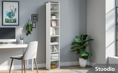 Tall Narrow Bookshelf,8-Tiers Bookcase with Adjustable Shelves,Double-Decker Combination Thin Media Tower Rack,CD DVD Slim Storage Cabinet for Living Room,Bedroom,Studio and Office (White, 71"H) - color: White